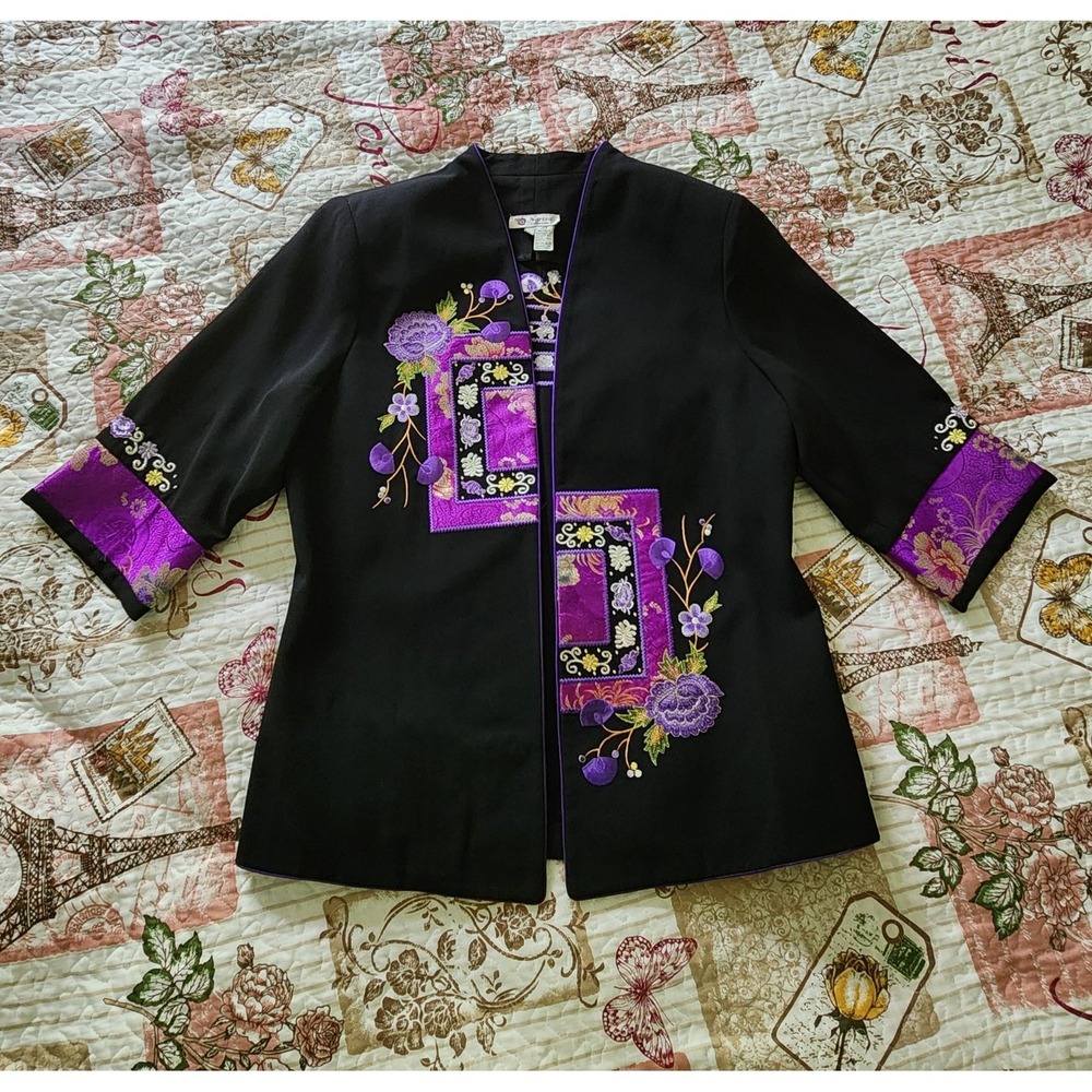 Narisa Collection Womens Coat Open Cardigan Black Purple‎ Floral Embroidery Sz S